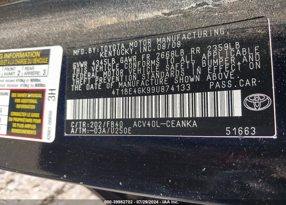 2009 TOYOTA CAMRY VIN: 4T1BE46K99U874133