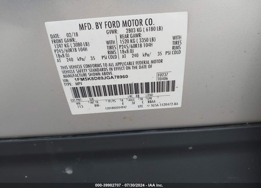 2018 FORD EXPLORER XLT VIN: 1FM5K8D89JGA78960
