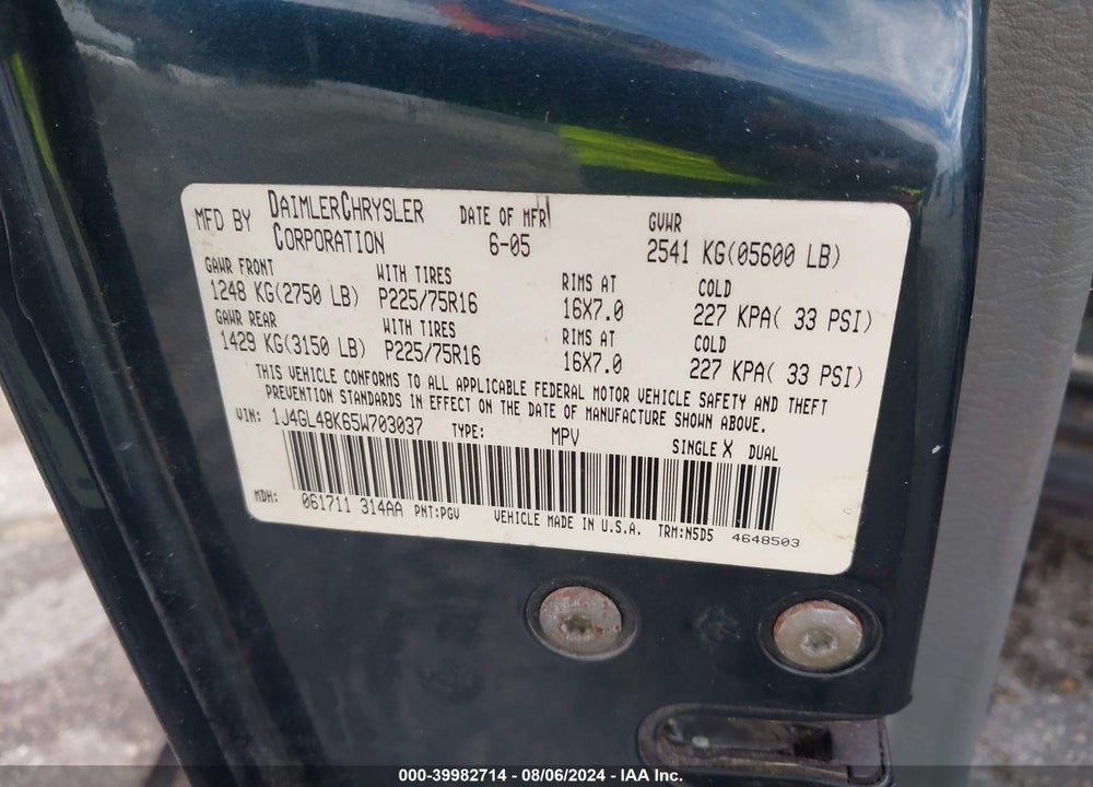 2005 JEEP LIBERTY SPORT VIN: 1J4GL48K65W703037