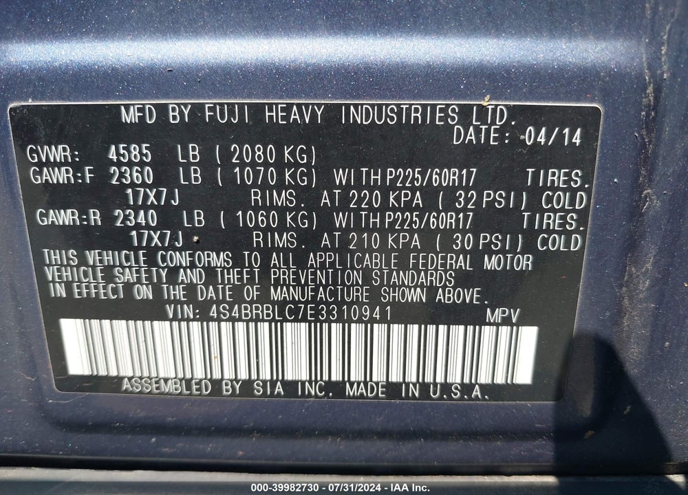 2014 SUBARU OUTBACK 2.5I LIMITED VIN: 4S4BRBLC7E3310941
