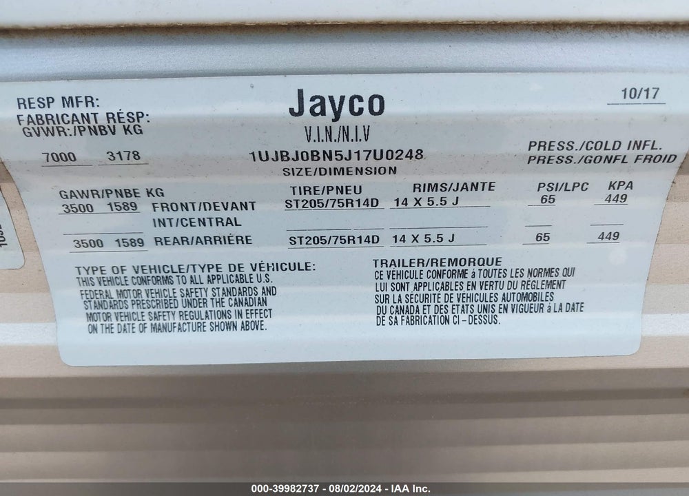 2018 JAYCO JAY FLIGHT SLX SERIE VIN: 1UJBJ0BN5J17U0248