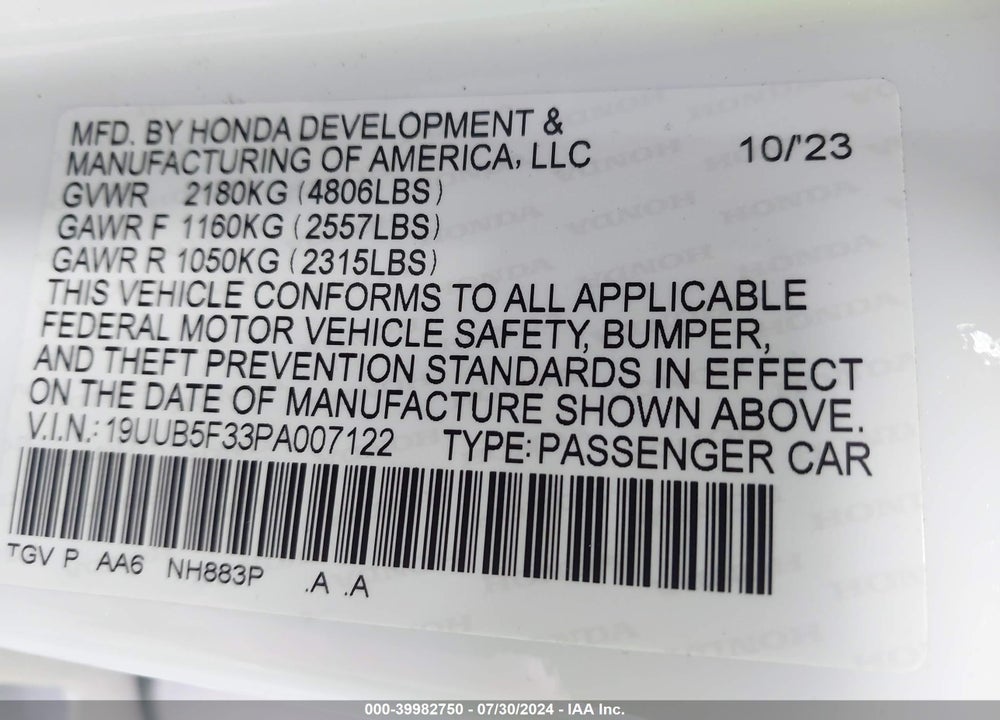 2023 ACURA TLX STANDARD VIN: 19UUB5F33PA007122