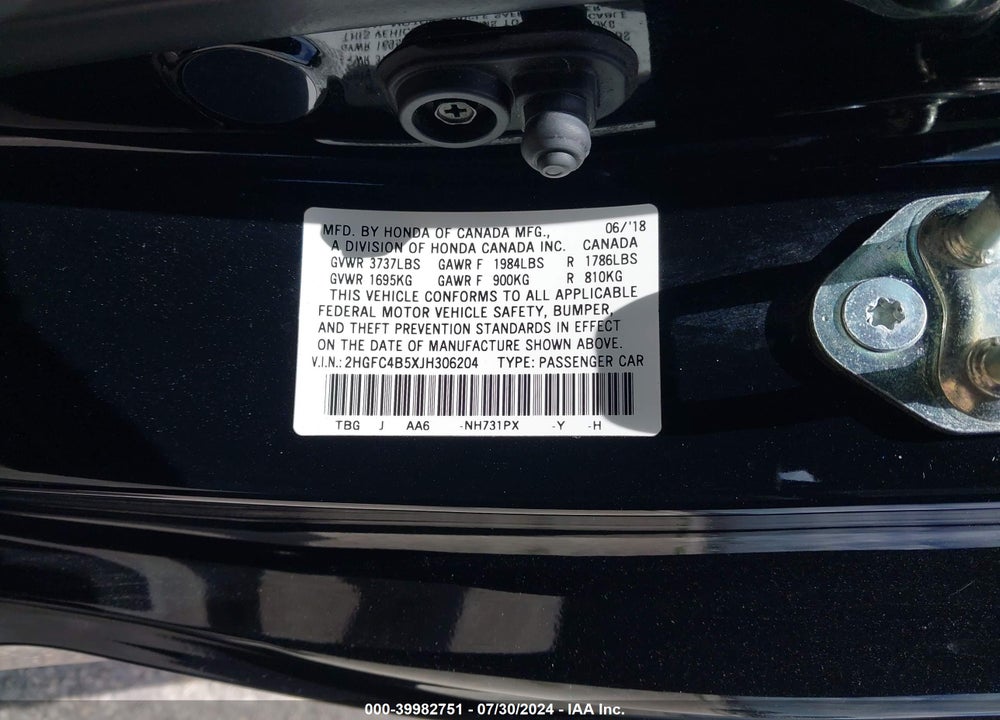 2018 HONDA CIVIC LX VIN: 2HGFC4B5XJH306204