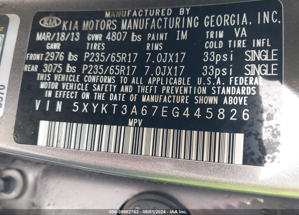 2014 KIA SORENTO LX VIN: 5XYKT3A67EG445826