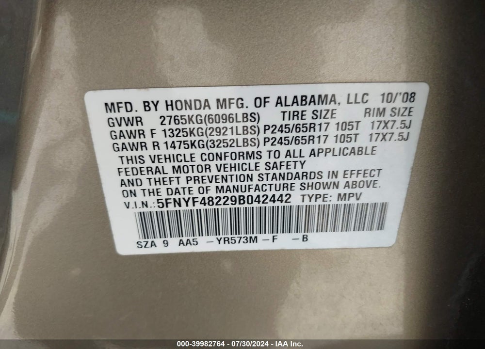 2009 HONDA PILOT LX VIN: 5FNYF48229B042442