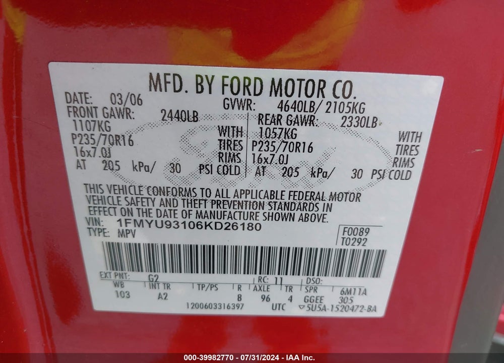 2006 FORD ESCAPE VIN: 1FMYU93106KD26180