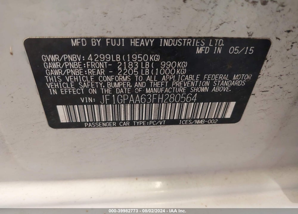 2015 SUBARU IMPREZA 2.0I VIN: JF1GPAA63FH280564