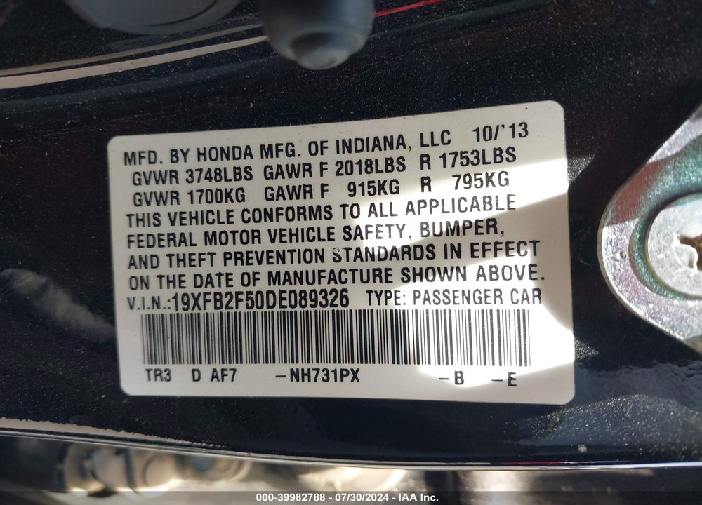 2013 HONDA CIVIC LX VIN: 19XFB2F50DE089326