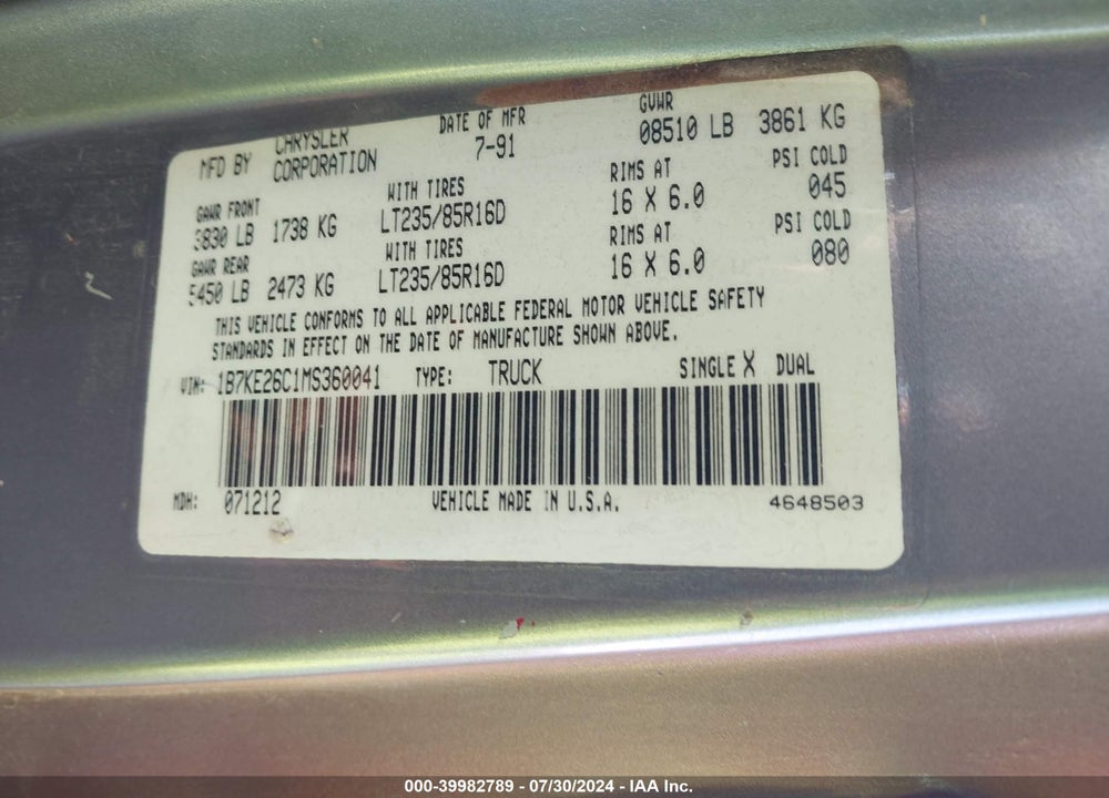 1991 DODGE D-SERIES D200/D250 VIN: 1B7KE26C1MS360041