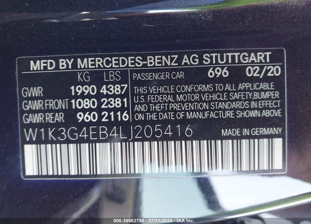 2020 MERCEDES-BENZ A 220 VIN: W1K3G4EB4LJ205416