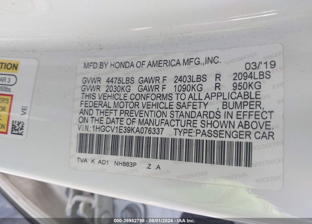 2019 HONDA ACCORD SPORT VIN: 1HGCV1E39KA076337