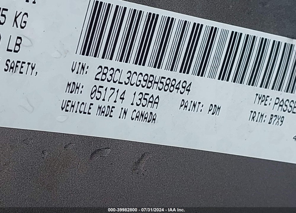 2011 DODGE CHARGER VIN: 2B3CL3CG9BH588494