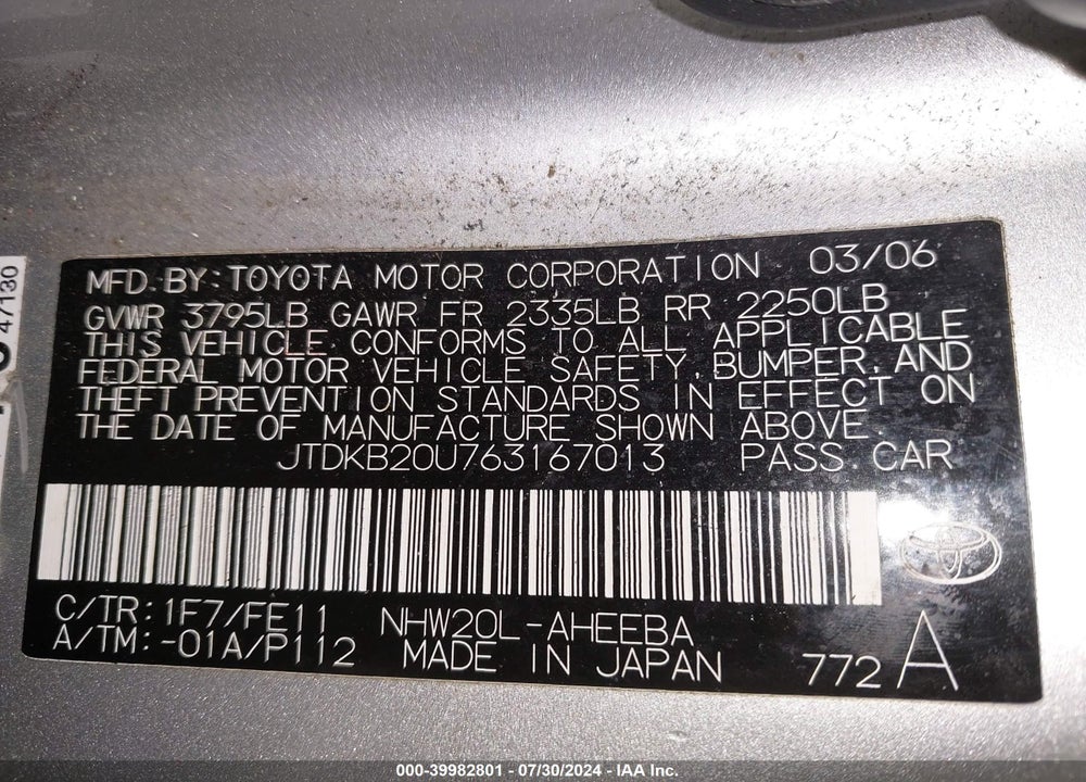 2006 TOYOTA PRIUS VIN: JTDKB20U763167013