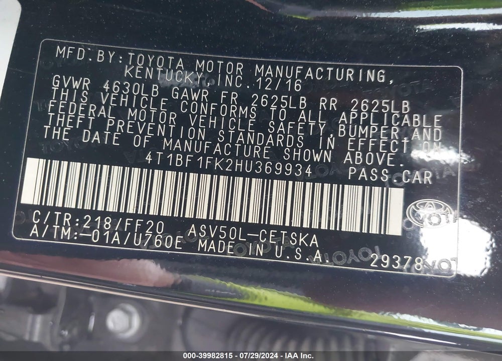 2017 TOYOTA CAMRY LE/SE/XLE/XSE VIN: 4T1BF1FK2HU369934