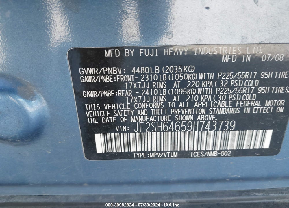 2009 SUBARU FORESTER 2.5X LIMITED VIN: JF2SH64659H743739