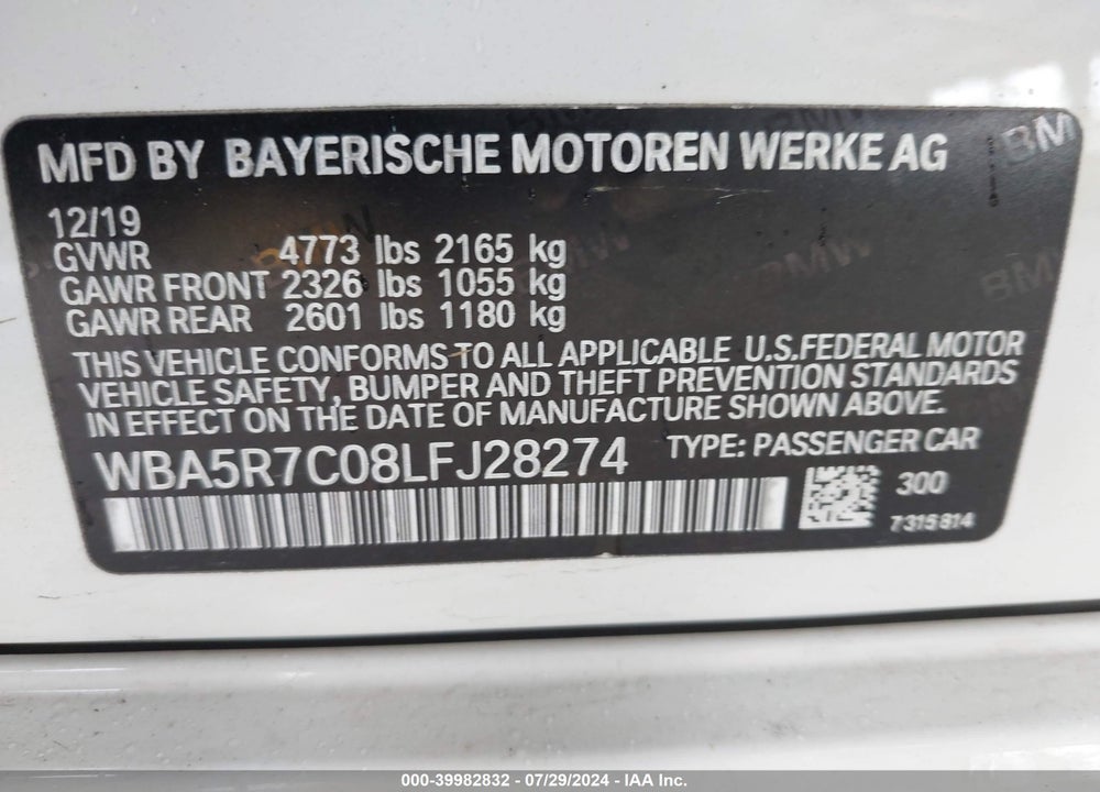 2020 BMW 330I XDRIVE VIN: WBA5R7C08LFJ28274
