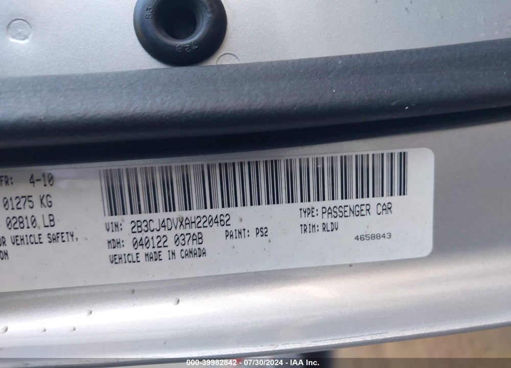 2010 DODGE CHALLENGER SE VIN: 2B3CJ4DVXAH220462
