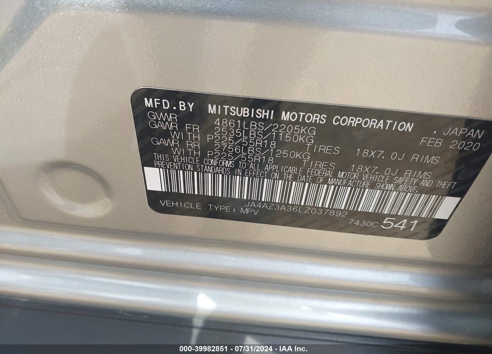 2020 MITSUBISHI OUTLANDER ES 2.4 S-AWC/LE 2.4 S-AWC/SE 2.4 S-AWC/SEL 2.4 S-AWC/SP 2.4 S-AWC VIN: JA4AZ3A36LZ037892