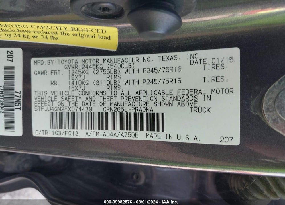 2015 TOYOTA TACOMA PRERUNNER V6 VIN: 5TFJU4GN2FX074439
