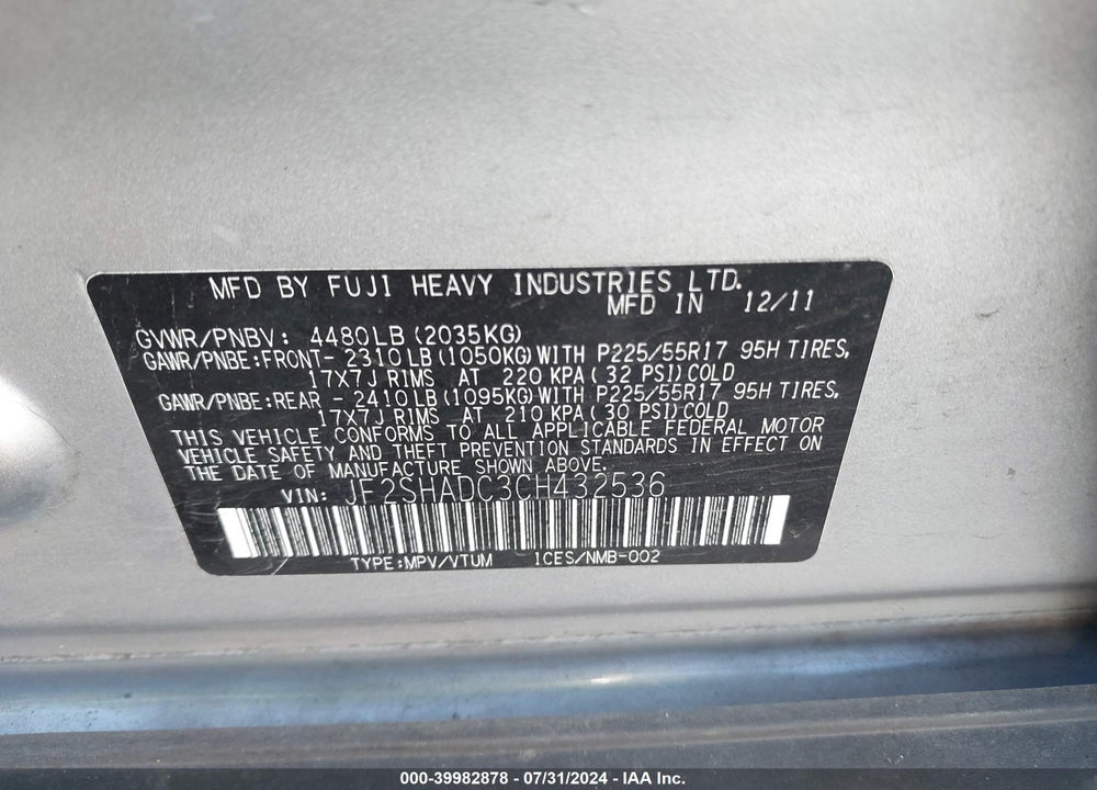 2012 SUBARU FORESTER 2.5X PREMIUM VIN: JF2SHADC3CH432536