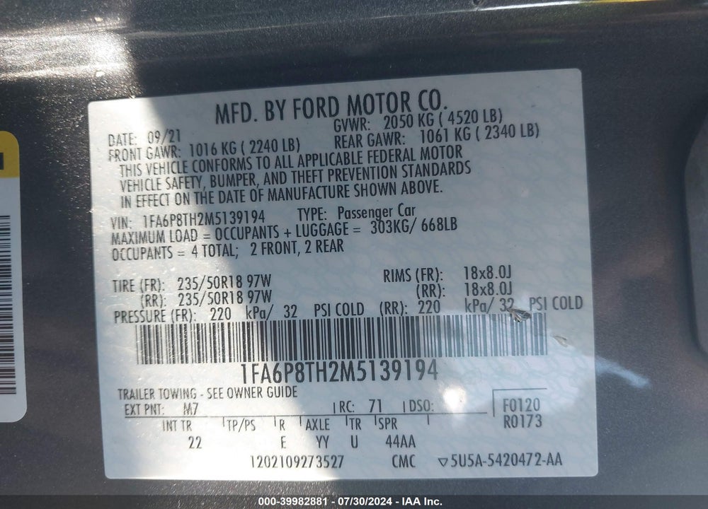 2021 FORD MUSTANG VIN: 1FA6P8TH2M5139194