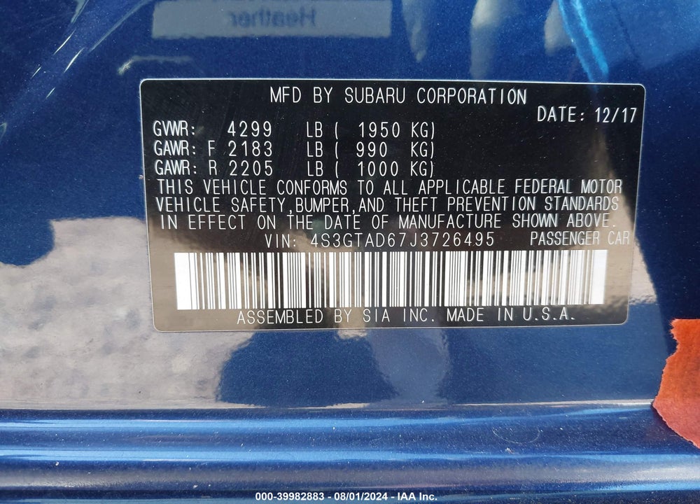 2018 SUBARU IMPREZA 2.0I PREMIUM VIN: 4S3GTAD67J3726495