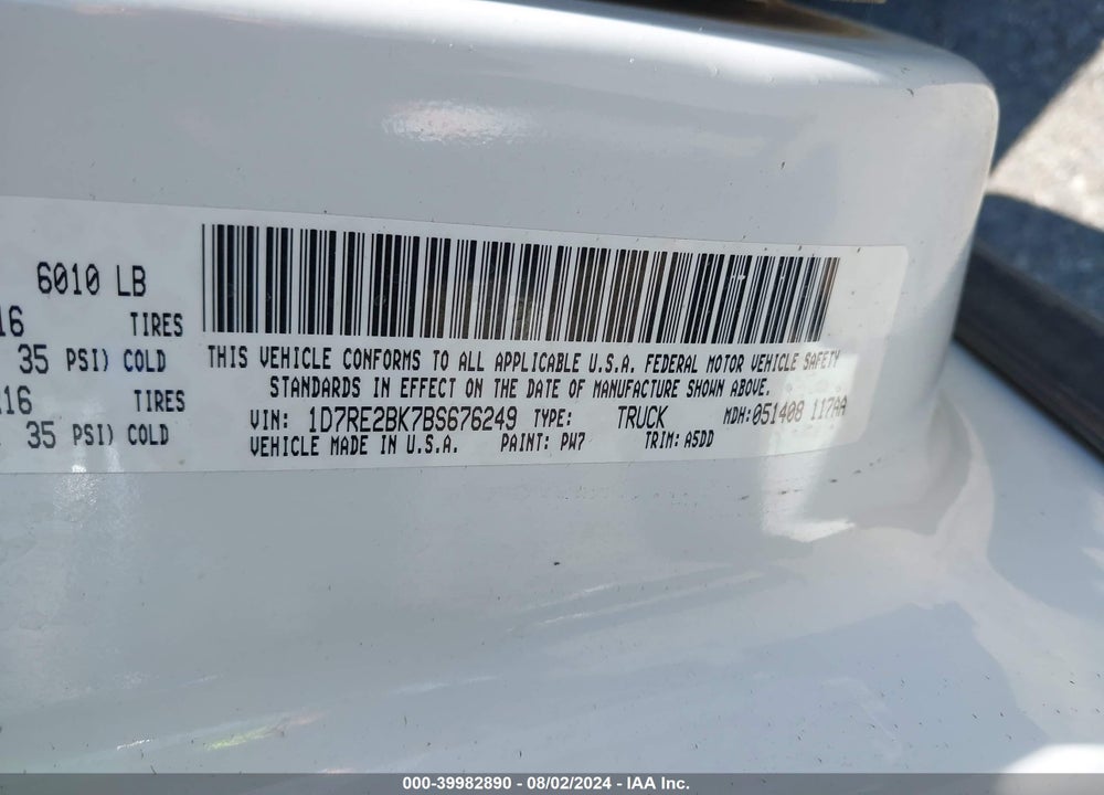 2011 RAM DAKOTA ST VIN: 1D7RE2BK7BS676249