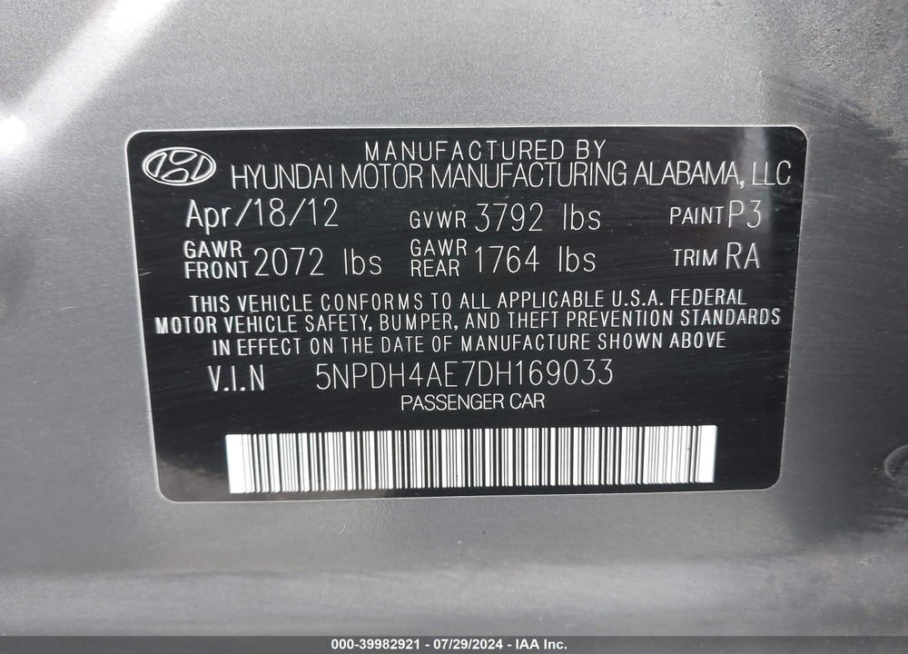 2013 HYUNDAI ELANTRA GLS VIN: 5NPDH4AE7DH169033