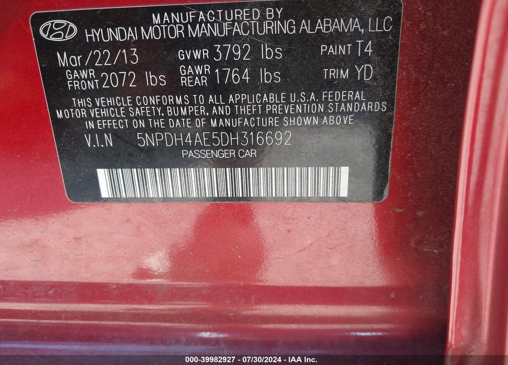 2013 HYUNDAI ELANTRA GLS VIN: 5NPDH4AE5DH316692