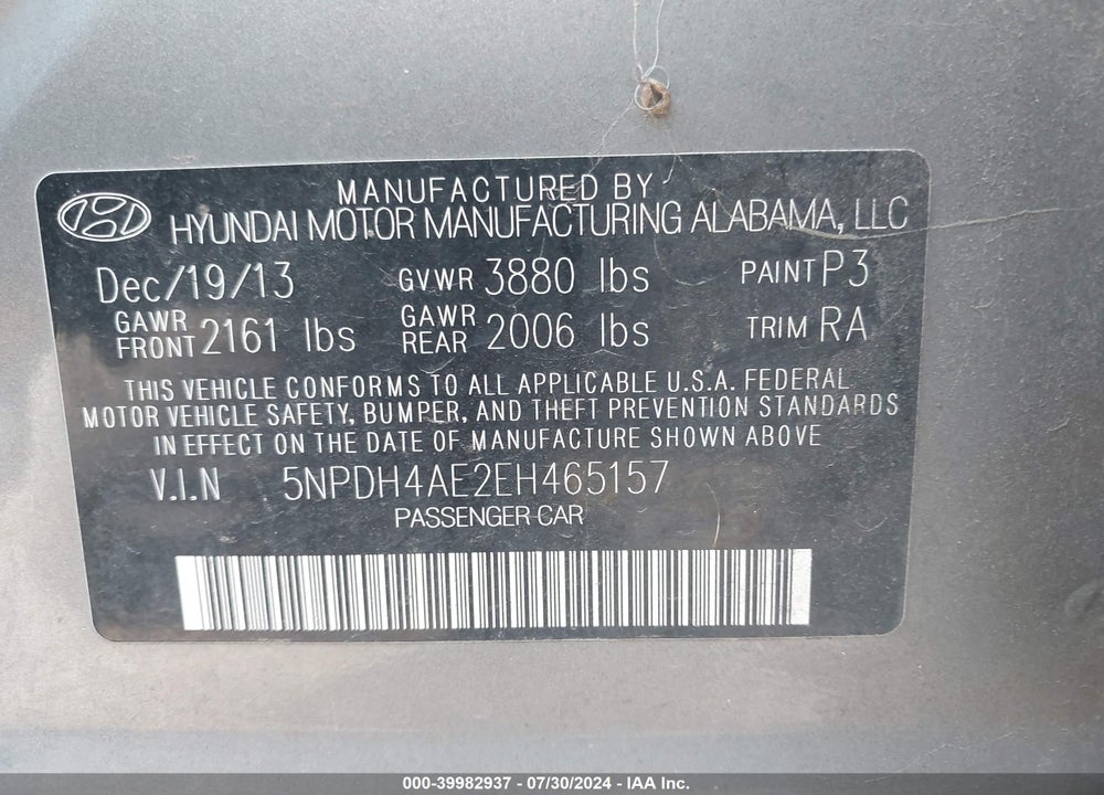 2014 HYUNDAI ELANTRA SE VIN: 5NPDH4AE2EH465157
