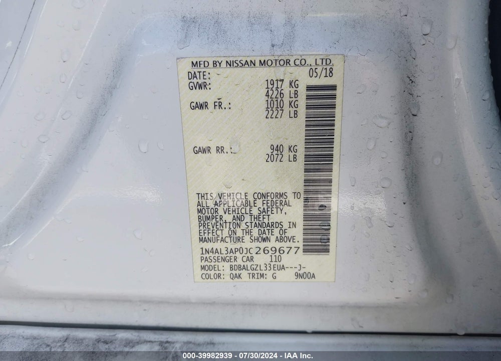 2018 NISSAN ALTIMA 2.5 S VIN: 1N4AL3AP0JC269677