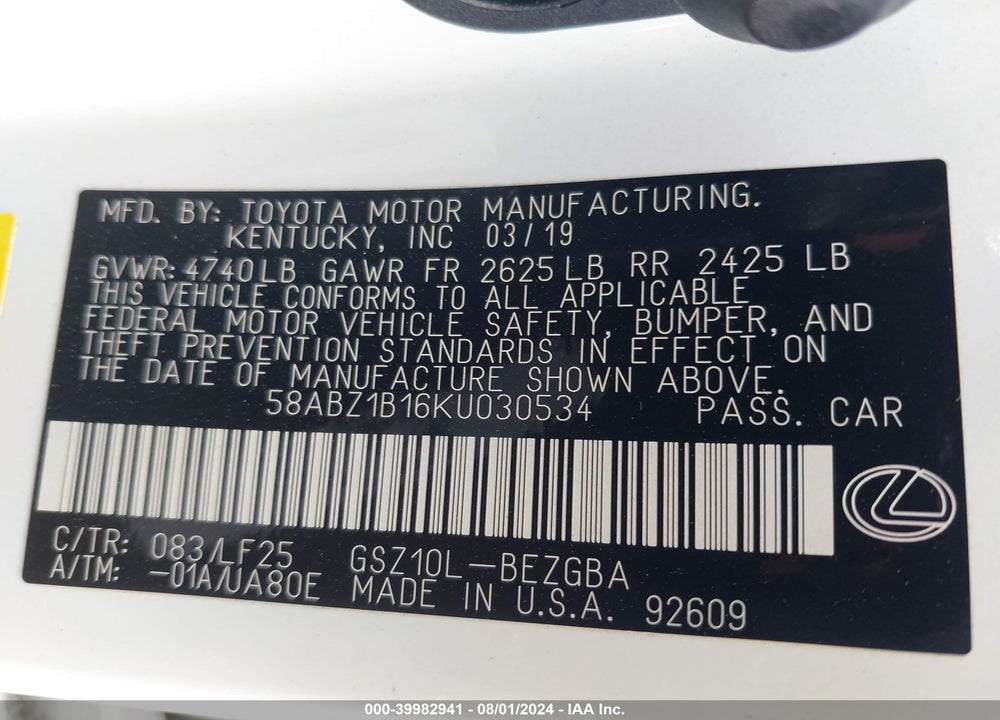2019 LEXUS ES 350 F-SPORT VIN: 58ABZ1B16KU030534