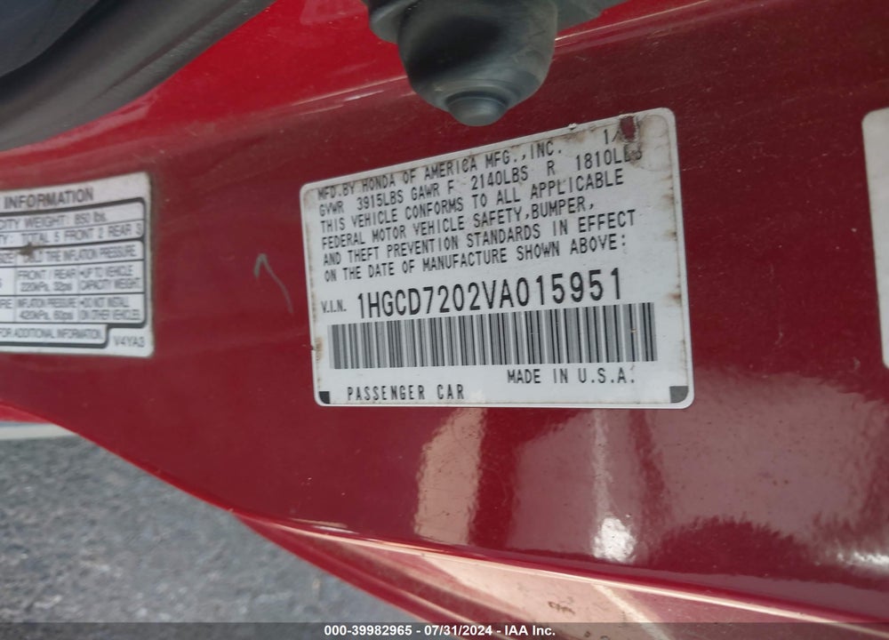 1997 HONDA ACCORD SE VIN: 1HGCD7202VA015951