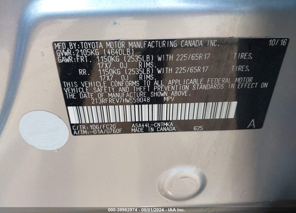 2017 TOYOTA RAV4 XLE VIN: 2T3RFREV7HW559048