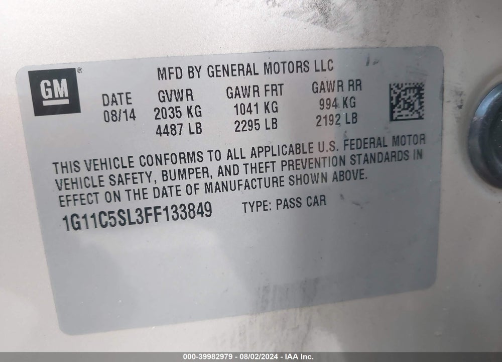 2015 CHEVROLET MALIBU 1LT VIN: 1G11C5SL3FF133849