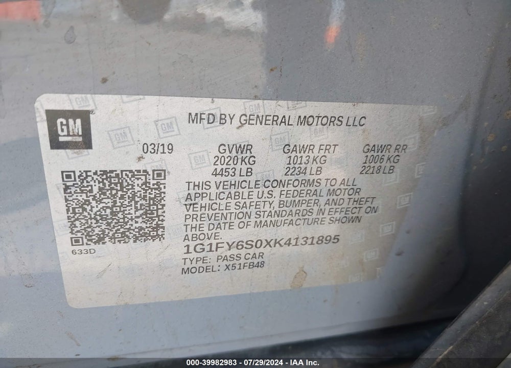 2019 CHEVROLET BOLT EV VIN: 1G1FY6S0XK4131895