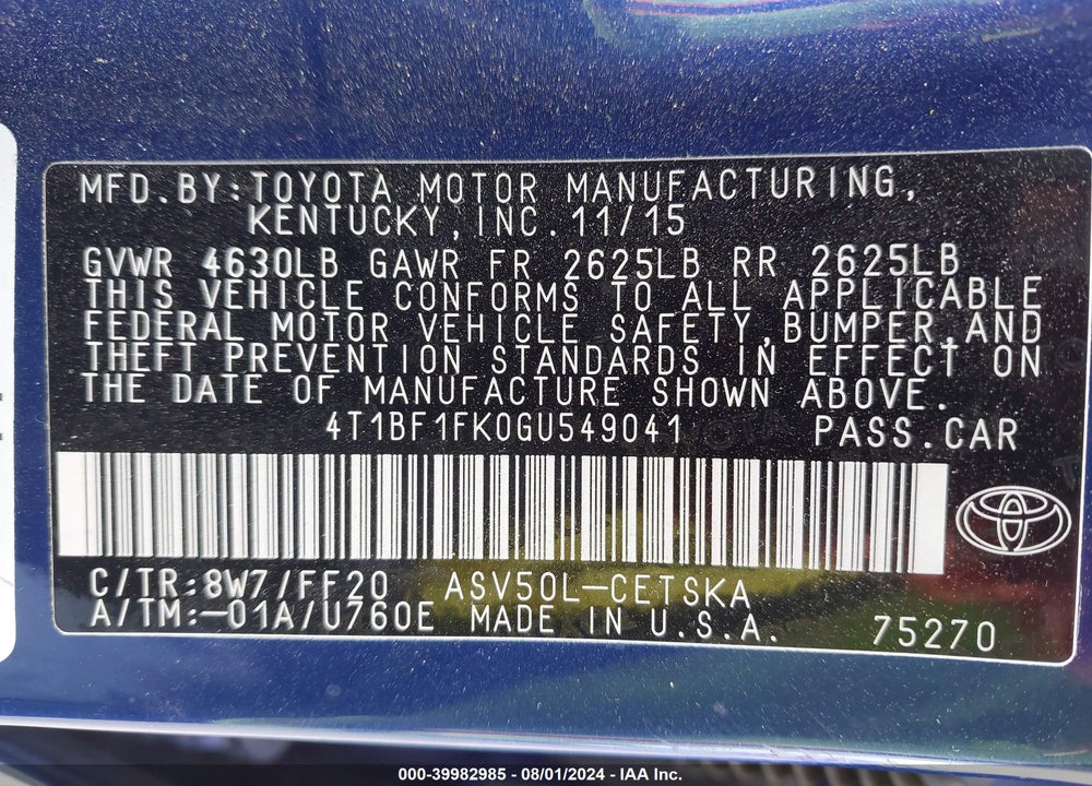 2016 TOYOTA CAMRY SE VIN: 4T1BF1FK0GU549041
