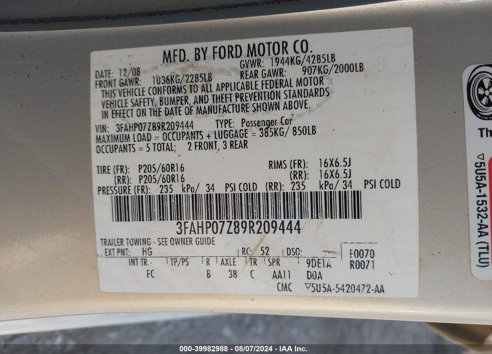 2009 FORD FUSION SE VIN: 3FAHP07Z89R209444