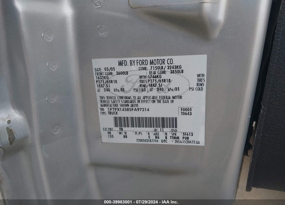 2005 FORD F-150 FX4/LARIAT/XL/XLT VIN: 1FTPX14585FA97314