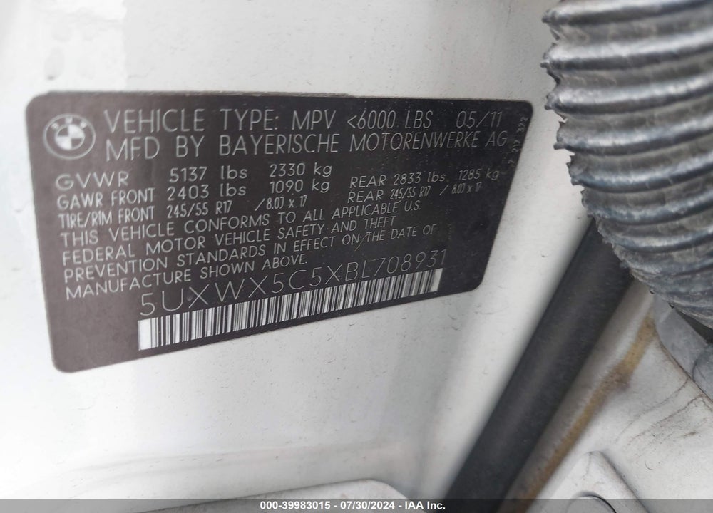 2011 BMW X3 XDRIVE28I VIN: 5UXWX5C5XBL708931