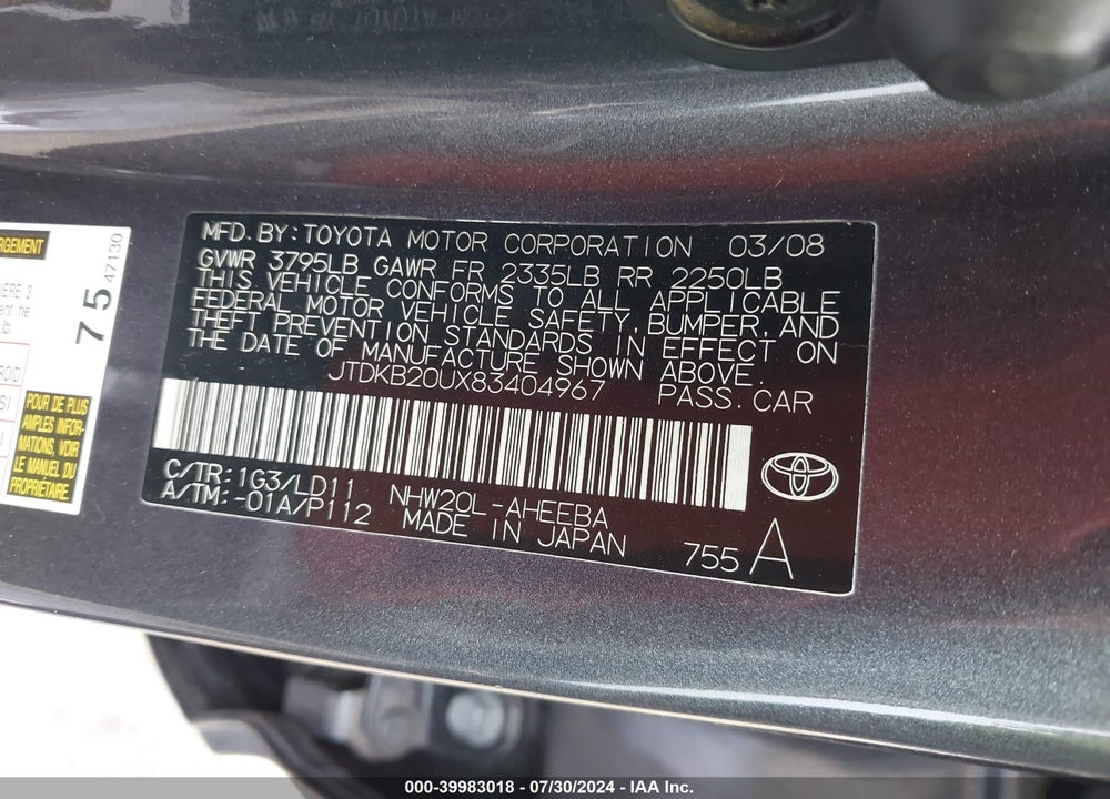 2008 TOYOTA PRIUS STANDARD/TOURING VIN: JTDKB20UX83404967