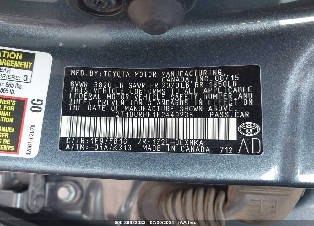 2015 TOYOTA COROLLA LE VIN: 2T1BURHE1FC449235