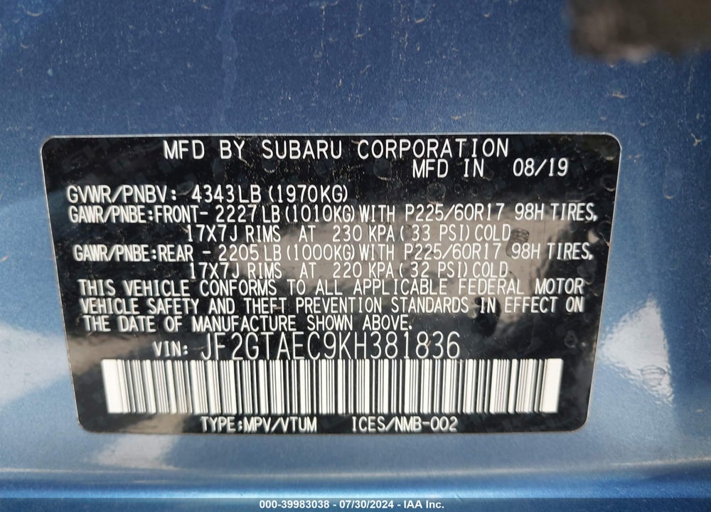 2019 SUBARU CROSSTREK 2.0I PREMIUM VIN: JF2GTAEC9KH381836