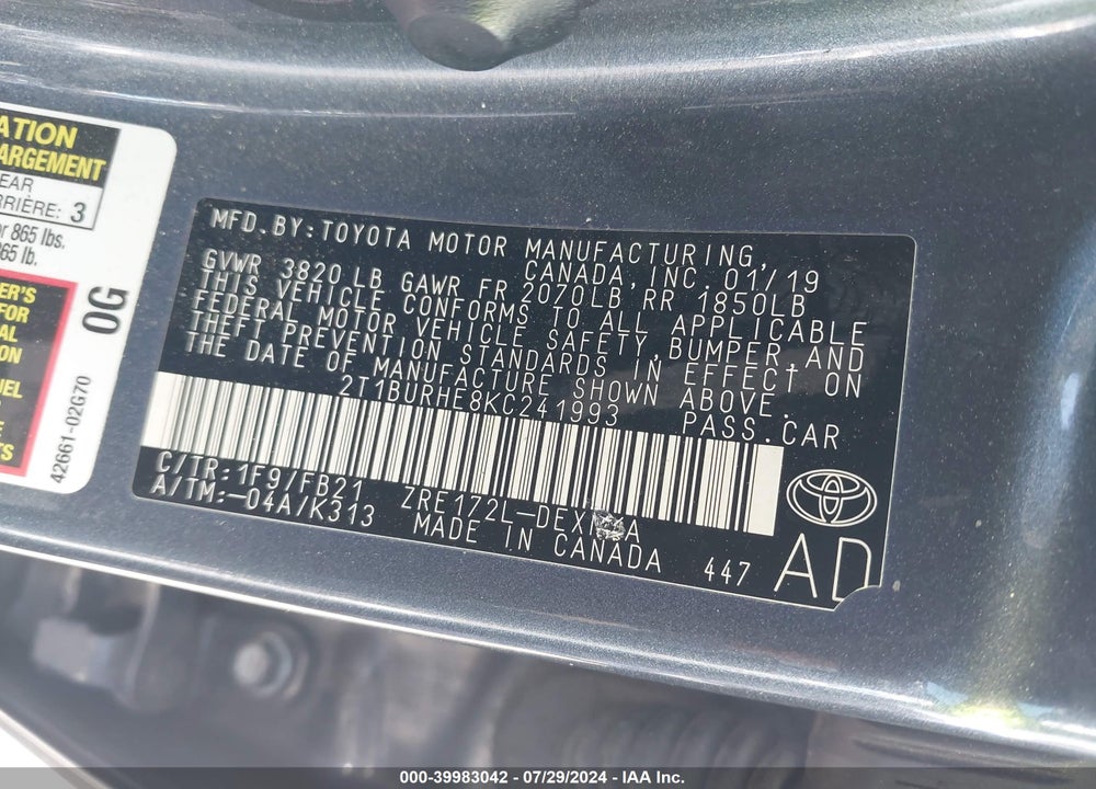 2019 TOYOTA COROLLA LE VIN: 2T1BURHE8KC241993