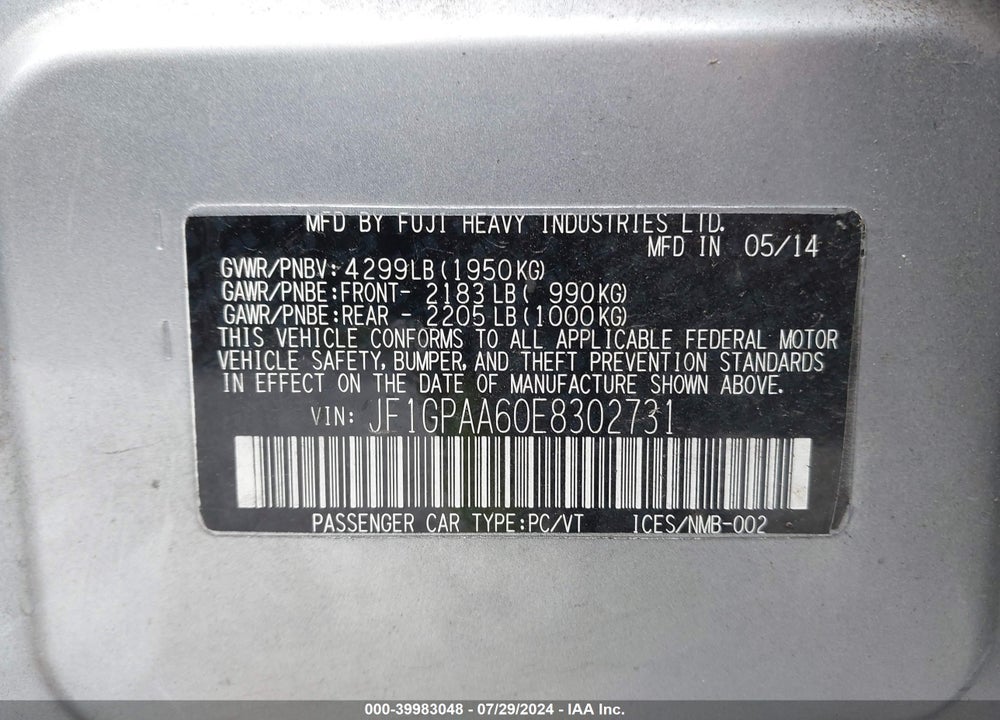 2014 SUBARU IMPREZA 2.0I VIN: JF1GPAA60E8302731