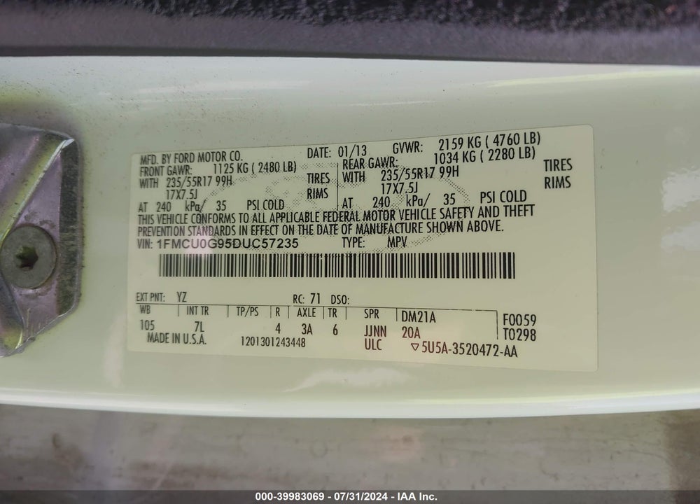 2013 FORD ESCAPE SE VIN: 1FMCU0G95DUC57235