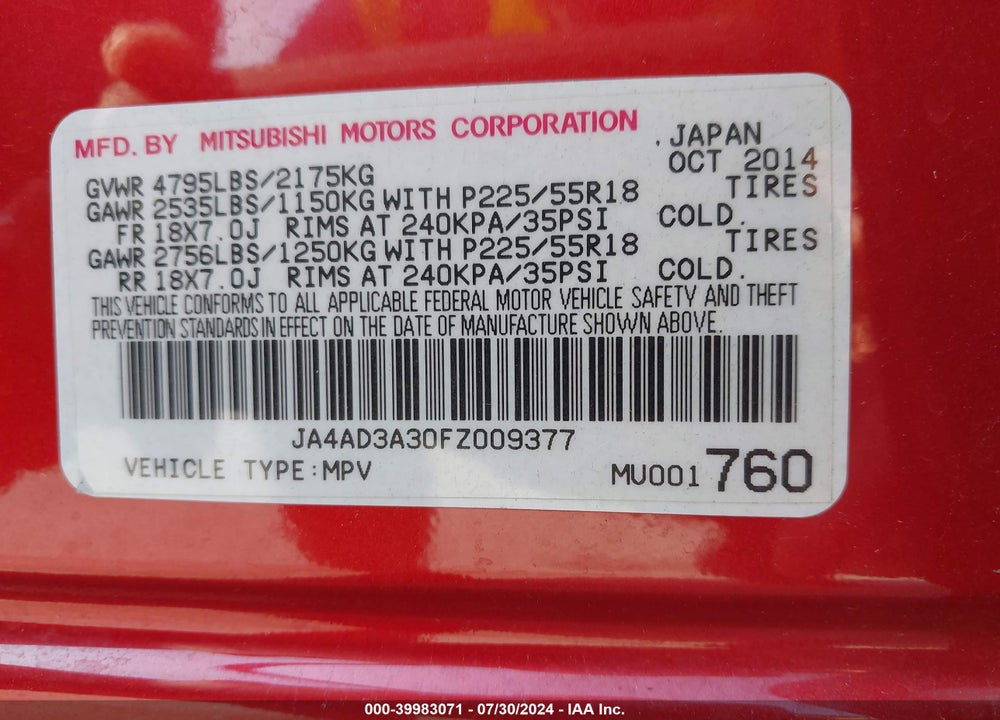 2015 MITSUBISHI OUTLANDER SE VIN: JA4AD3A30FZ009377