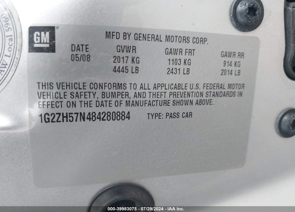 2008 PONTIAC G6 GT VIN: 1G2ZH57N484280884