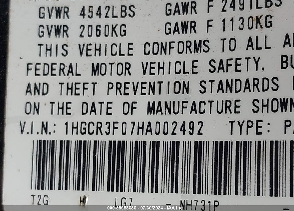 2017 HONDA ACCORD EX-L V6 VIN: 1HGCR3F07HA002492