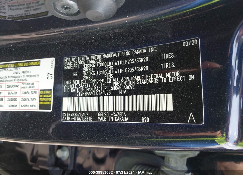 2020 LEXUS RX 350 VIN: 2T2HZMAA6LC171025